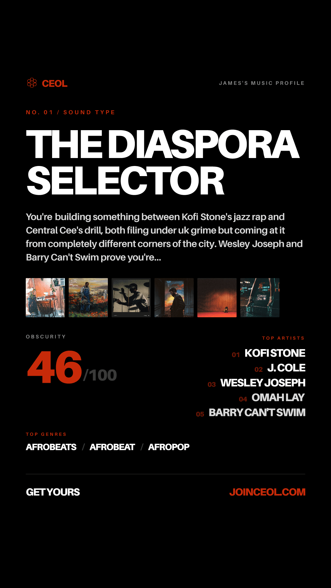 An example Soundprint: The Diaspora Selector, with top artists, genres and an obscurity score